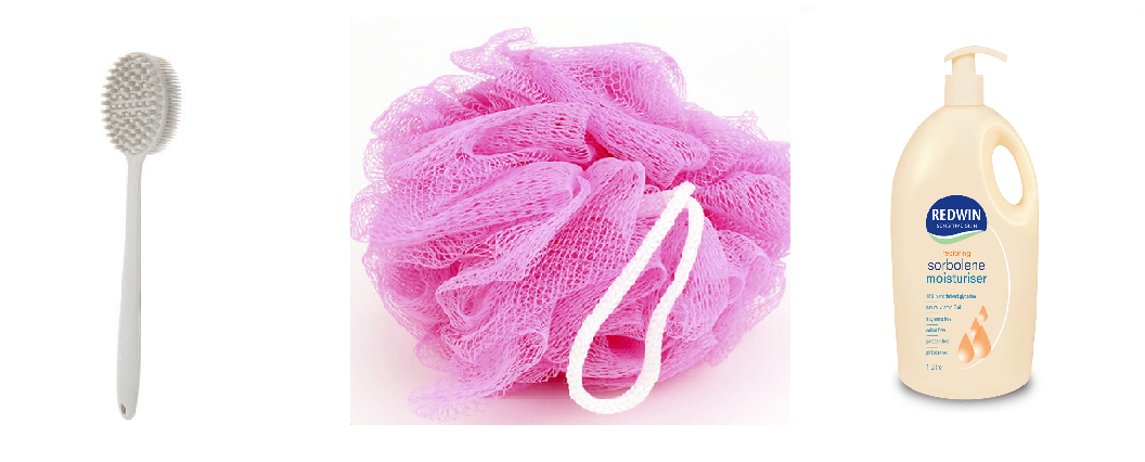 Images of back scrubber, facial scrubber and moisterising cream